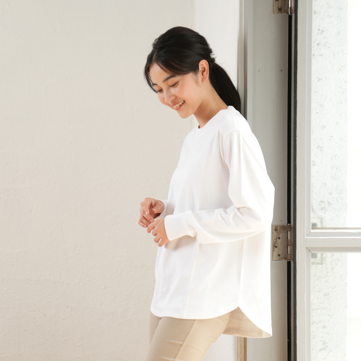 プレミアムファインコットンクルーネック長袖Tシャツ