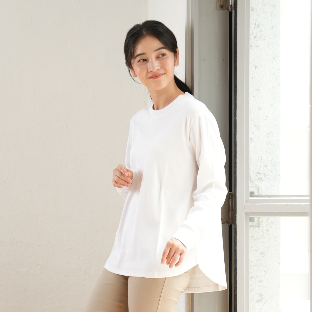 プレミアムファインコットンクルーネック長袖Tシャツ